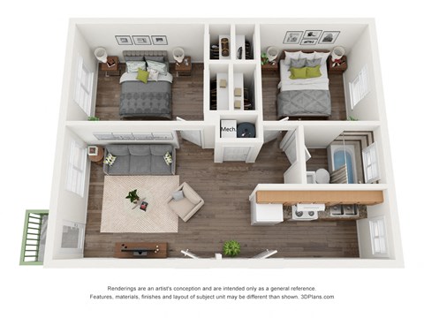 Floor plan for 2 beds, 1 bath, 636 sqft